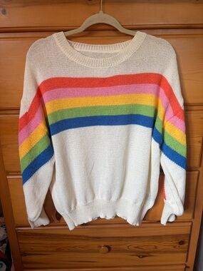 SHEIN Cream Knit Crewneck Sweater with Rainbow Stripes